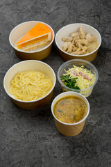 mega lunch soup, meat stewed in sauce and vermicelli with cheese with coleslaw