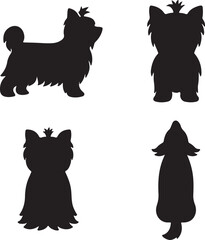 Yorkshire terrier dog silhouette icons set side, front, back, and top views vector art illustration