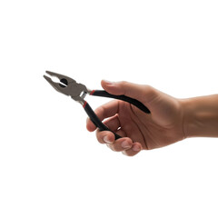 A persons hand is holding a pair of metal pliers with black and red handles ready