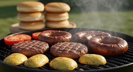 Grilling Summer Feast with Burgers, Sausages, and Yellow Vegetables