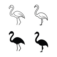 Obraz premium Vector art of a set of four flamingos depicted in outline and silhouette forms isolated on white background
