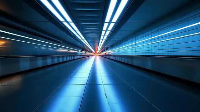 Futuristic subway tunnel illuminated with vibrant blue lights, showcasing motion and depth in transit