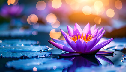 Purple Lotus Bloom with Sunset Pond.
