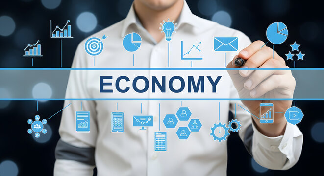 Businessman managing economic data on a futuristic digital interface. Concept of financial technology, business strategy, and global market analysis.