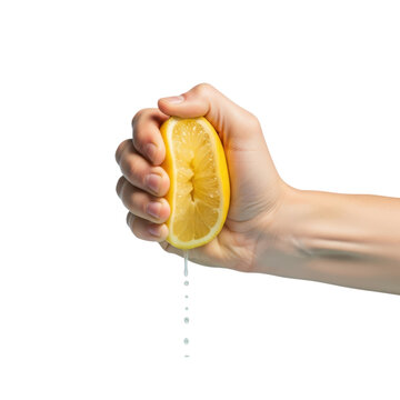 A human hand is squeezing a ripe yellow lemon causing fresh juice to drip down