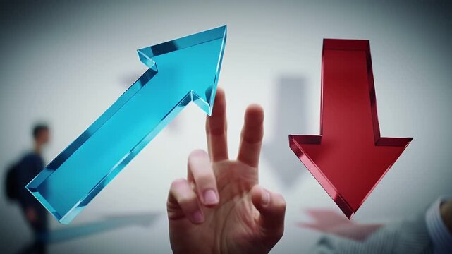 Hand Gesturing Towards Glass Upward Blue Arrow and Downward Red Arrow Representing Financial Growth and Decline on Grey Backdrop