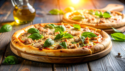 Delicious Tuna Pizza on Wooden Table.