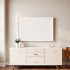 Fototapeta premium blank framed picture mockup in modern dining room interior stylish wall art display above elegant buffet textured plaster walls in soft pastel colors mid-century design aesthetic 3d rendering for arti