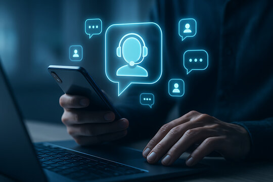 Customer support chat and communication icons hovering above smartphone with laptop showing online virtual assistant technology interface in dark digital business background