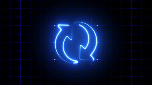 Blue Neon Refresh Icon on Dark Grid Background reload
