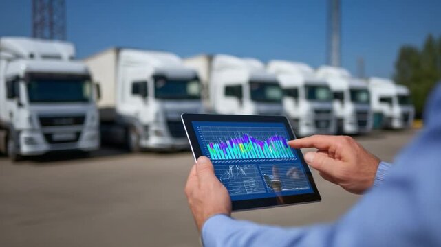 Fleet Management Innovation: A person in a high-tech work setting expertly uses a tablet, showing data insights on truck fleet management against a backdrop of parked semi-trucks.
