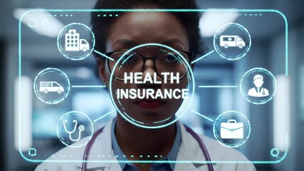 Black Doctor Touching Health Insurance Interface Displaying Medical Icons in a Clinic Setting with Stethoscope and White Coat - Powered by Adobe
