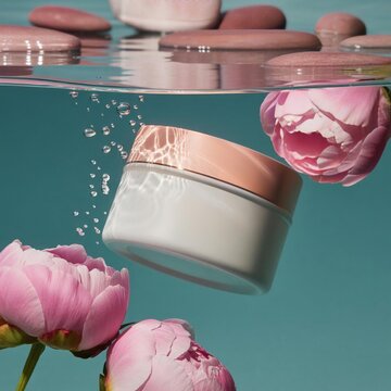 Mockup design of cream bottle in water with rose flower