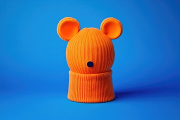 Orange knitted hat with ear muffs,  a stylized animal,  against a bright blue background