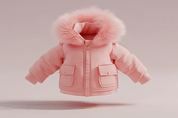 Pink puffer jacket with faux fur hood, studio shot