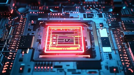 Close-up view of a glowing microprocessor on a circuit board, showcasing intricate details and technology - Powered by Adobe