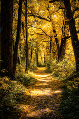 Obraz premium Golden Forest Trail: Journey Through Enchanted Wilderness with a Yellow Brick Road