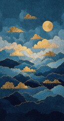 Night sky, layered mountains, golden clouds