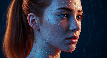 Intense side profile portrait of a young woman with glistening water droplets, illuminated by dramatic studio lighting, creating a captivating and mysterious atmosphere.
