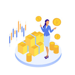 資産や通貨を管理するビジネスウーマンのイラスト（投資・金融・お金の知識）