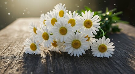 Obraz premium Bunch of White and Yellow Daisies on Weathered Wood Surface in Soft Sunlight