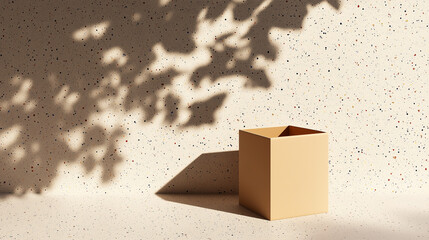 Empty Kraft Cardboard Box Mockup with Leaf shadows on speckled stone setting