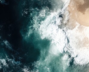Aerial view of crashing waves meeting a sandy shore