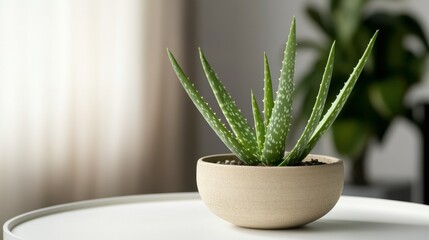 Fresh Green Aloe Vera Plant in Minimalist Pot on White Table