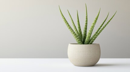 Green Aloe Vera Plant in Modern Beige Pot on Simple Background