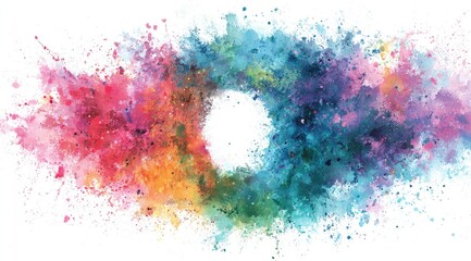 Abstract colorful splatter art; vibrant hues forming a ring around a central white space