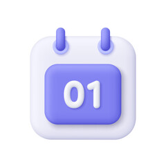 Purple white calendar with 1th day of the month. Time management, planning, deadline and event schedule concept. 3d vector icon. Cartoon minimal style.