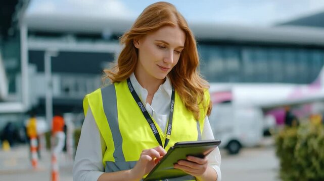 Airport Operations: A dedicated airport employee, donning a safety vest, manages operations with a tablet, set against the backdrop of a modern aviation terminal and airplane