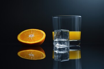 Orange slice and juice glass with ice cubes on a dark surface.