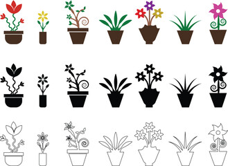 Plant and Flower Pot Icons Vector Set, Collection and Group, Botanical Potted Houseplants, Garden, Leaves, Minimal Flat Line Style, Monochrome Silhouette Graphic Bundle for Nature and Interior Design
