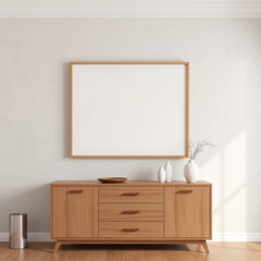 empty frame mockup in modern dining room stylish wall art display on textured pastel wall mid century design aesthetic perfect for showcasing artwork contemporary interior decor 3d render