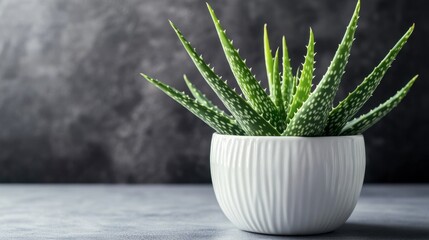 Green Aloe Vera Plant in White Pot on Dark Background