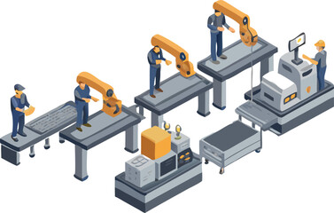 Isometric view of factory assembly line with workers and robotic arms on a white background