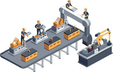 Isometric view of a manufacturing assembly line with workers and robotic arms in operation setting