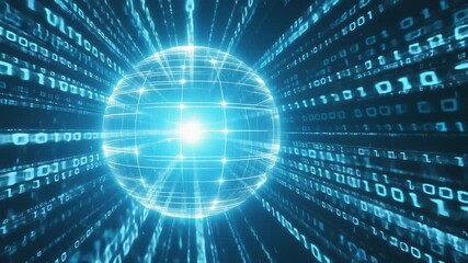 Glowing Wireframe Digital Globe Bursting Through Matrix of Binary Code - Powered by Adobe
