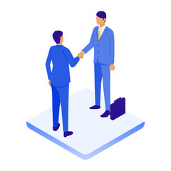 ビジネスパートナーとの握手シーンのアイソメイラスト