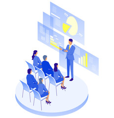 セミナーで学ぶビジネスパーソンたちの様子のアイソメイラスト