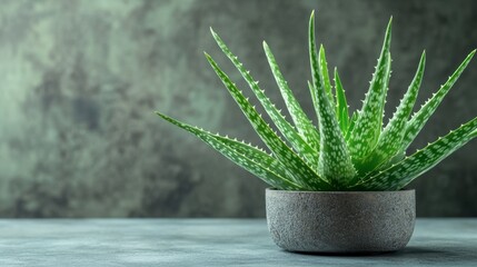 Aloe Vera Plant in Round Concrete Pot on Green Background