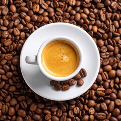 Fototapeta premium Freshly brewed espresso served on a white cup amidst a bed of roasted coffee beans in a cozy setting
