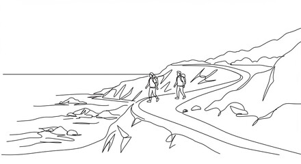 Fototapeta premium People Hiking Along Coastal Trail with Ocean View Line Art