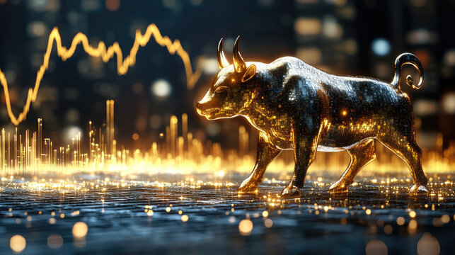 Stock market concept with bull against background of gold glowing financial charts indicating bullish trend, symbolizing growth, optimism, rising prices, investment strategies and market dynamics