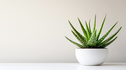 Fresh Green Aloe Vera Plant in White Ceramic Pot on Minimalist Surface