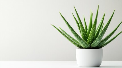 Green Aloe Vera Plant in White Pot Against Minimalist Background