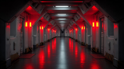 Fototapeta premium Infinite mirror corridor with ominous red warning lights flashing at the vanishing point. 