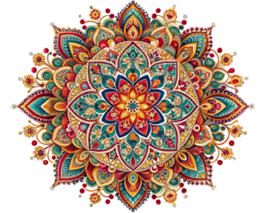 Intricate colorful floral mandala pattern with red blue green and gold details isolated on a transparent background
