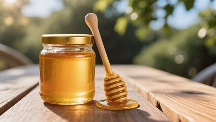 honey dipper on wooden background
